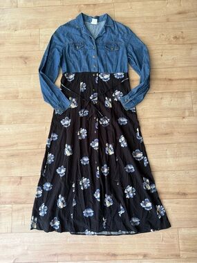 Vintage Niki Lee Denim Floral Maxi Dress Cottagecore Grunge Prairie USA